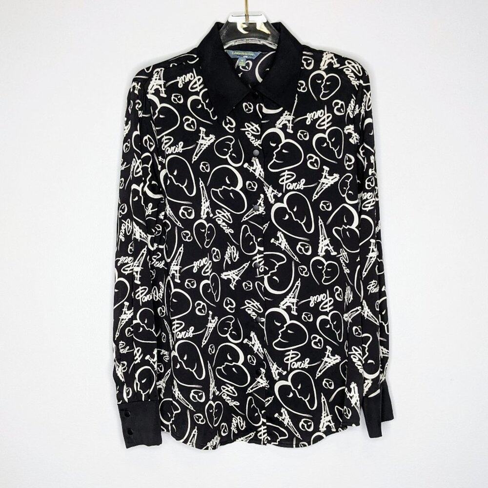 Catherine Malandrino Black Paris Faces Print Blouse Long Sleeve Button Up Size M